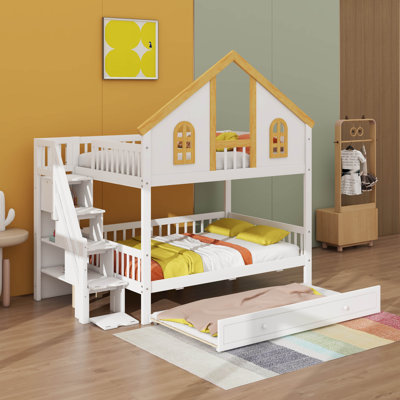 Lit superposé double sur le thème de la maison avec lit gigogne et escalier, lit superposé Playhouse avec fenêtres, porte et toit pour enfants
