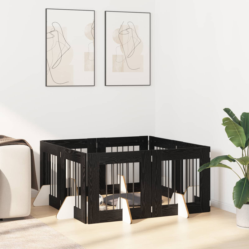  Dog Gate With Stands Engineered Wood Fence Pet Containment Living Room, 80cm H x 120.5cm W x 34cm D, Black Oak
