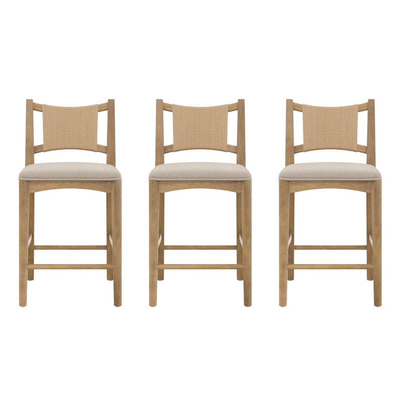 Tabouret de bar bohème avec dossier en jonc de mer et structure en bois brun moyen, ensemble de 3, Lin / brun moyen, 3