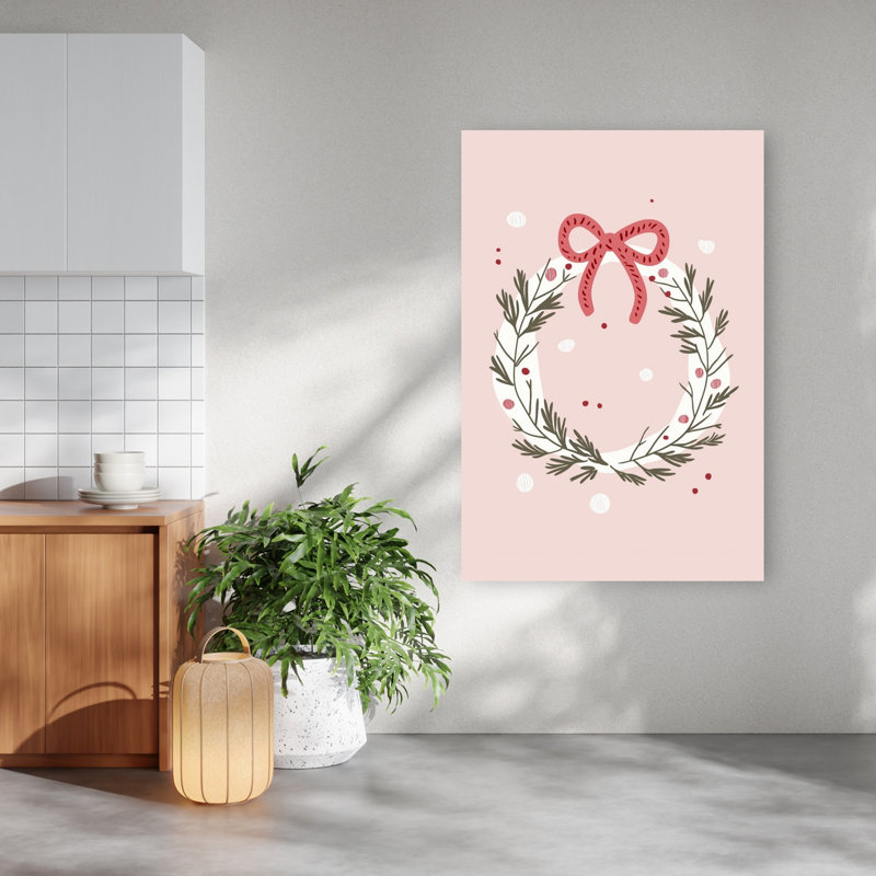 Pink Holiday Wreath Contemporary Nature Winter Wall Art Print by Mathieu - Wrapped Canvas Print, 152.4cm H x 101.6cm W