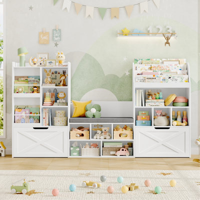 74.6"W Wood Kids Bookcase With 2 Drawers, Seat Cushion And Reading Nook，Toy Organizers And Storage