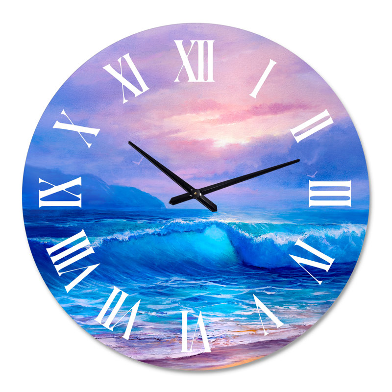 Golden Sunset Over The Sea By The Beach - Nautical & Coastal wall clock, 36" H x 36" W x 1" D