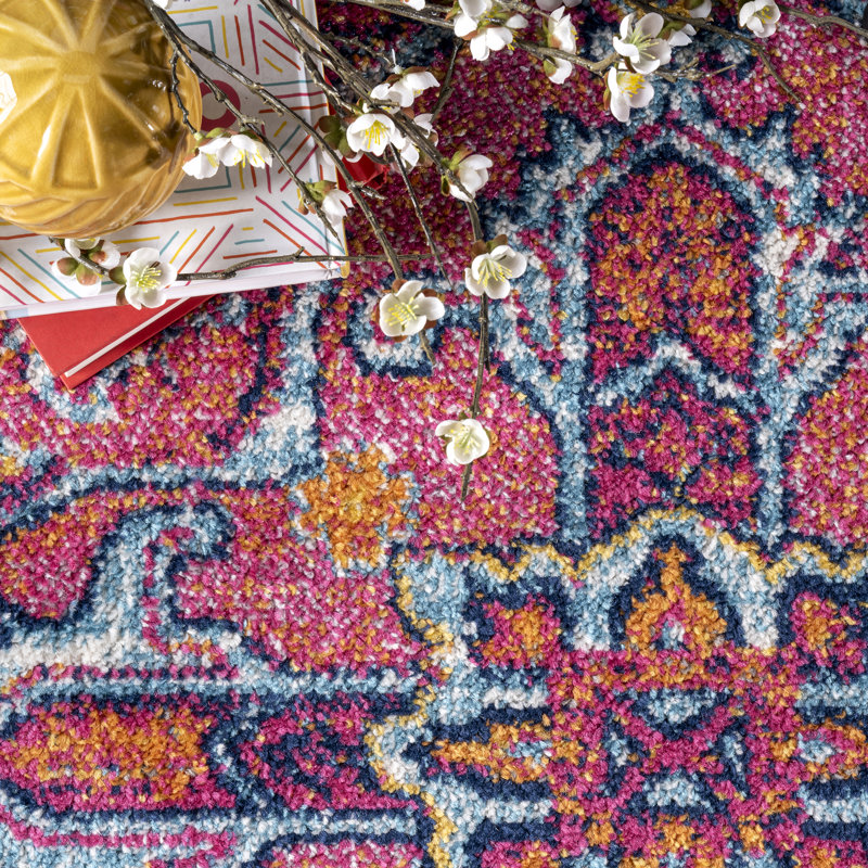 Aliece Bohemian Medallion Power Loom Performance Pink/Orange Rug, Square 8'
