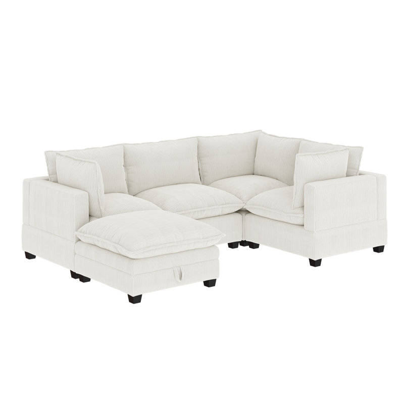 Somerdale Modern Upholstered Cloud Sectional With Ottoman, 39.4" H x 111.1" W x 76.4" D, Pearl White Corduroy