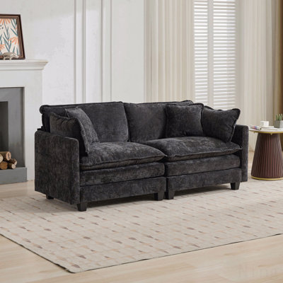 Black Chenille Cloud Sofa Loveseat, Modular Sectional with Double-Layer Cushions