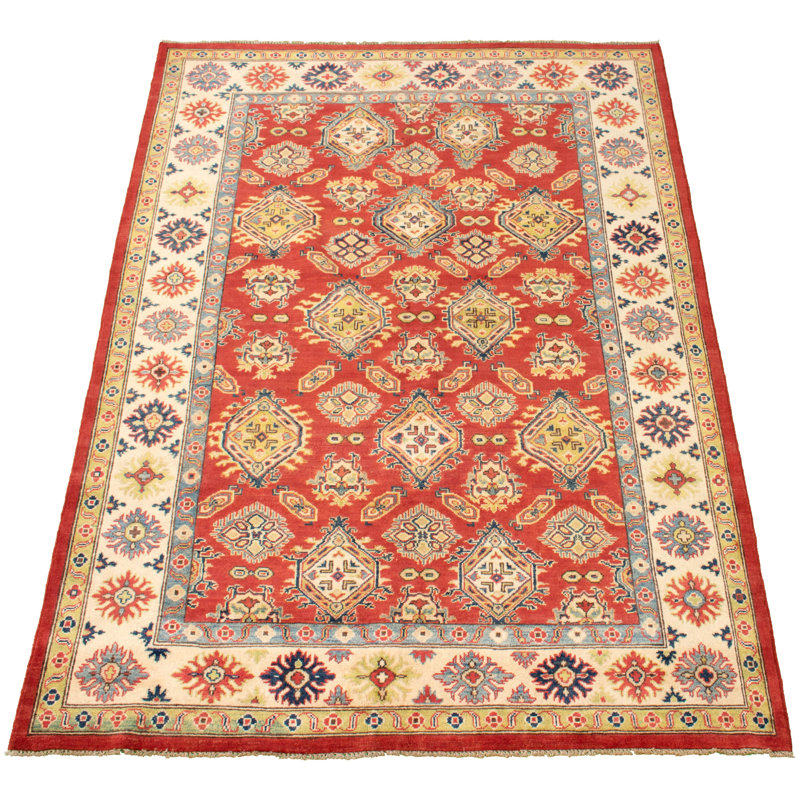 Tapis unique en laine noué à la main rouge Gazni des années 2010 de 6 pi 6 po x 9 pi 5 po Qaiden