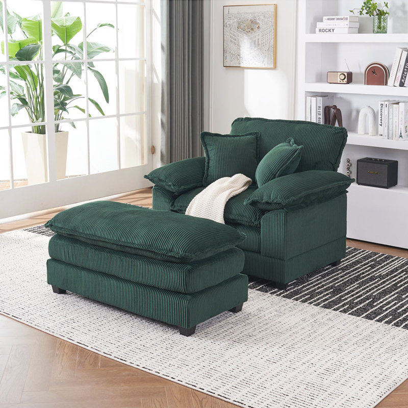 Upholstered Armchair with Ottoman, Green Corduroy