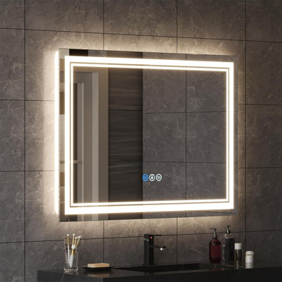 Led Bathroom Mirror with Lights,Human Body Sensing Lighted Bathroom Vanity Mirror Wall,Memory Function,Anti-Fog,Dimmable 3 Colors,Front and Backlit Led Mirror for Bathroom.