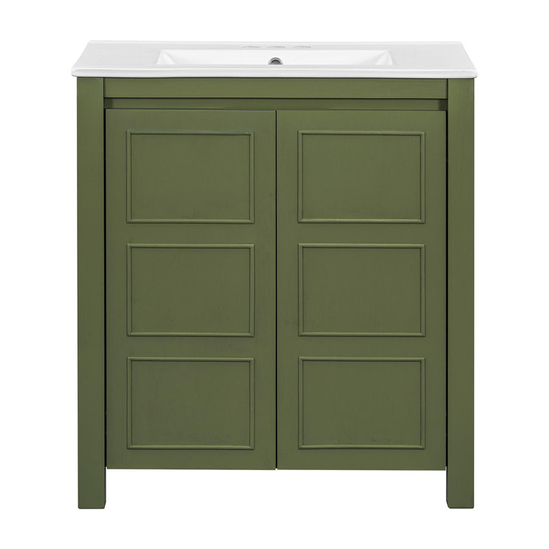 Meuble-lavabo de ferme 30 po avec lavabo en céramique, porte à fermeture en douceur, tablette réglable, armoire de rangement vert olive, structure en bois moderne, conception spacieuse et surface facile à nettoyer