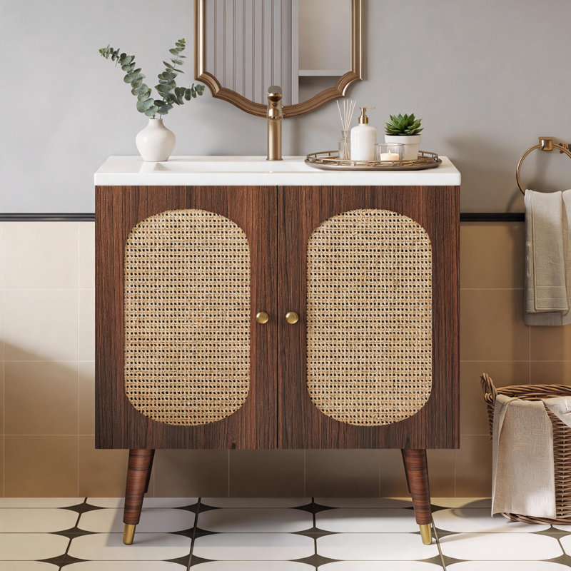 Meuble-lavabo de 36 po de couleur bohème en rotin de couleur noyer avec porte de lavabo à fermeture en douceur et joint d'étanchéité à quatre côtés.