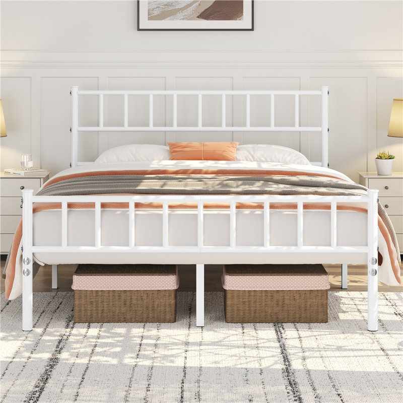 Minimalist Metal Bed Frame with Slatted Headboard, Double (4'6), White