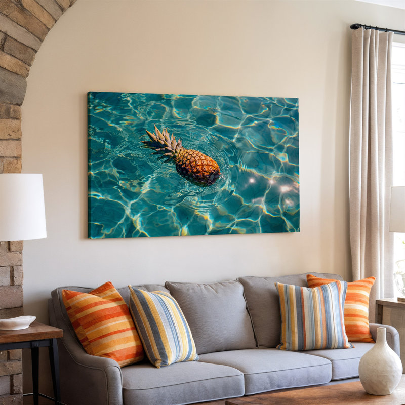 Toile, une scène tropicale vibrante avec un ananas mûr flottant, art gracieux dans une eau turquoise transparente, art du soleil sur toile