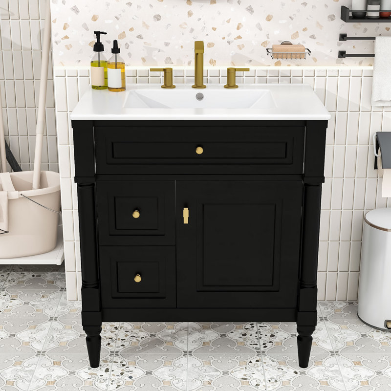 Meuble-lavabo autoportant avec tiroir rabattable, tablette réglable et lavabo en céramique brillante, Noir