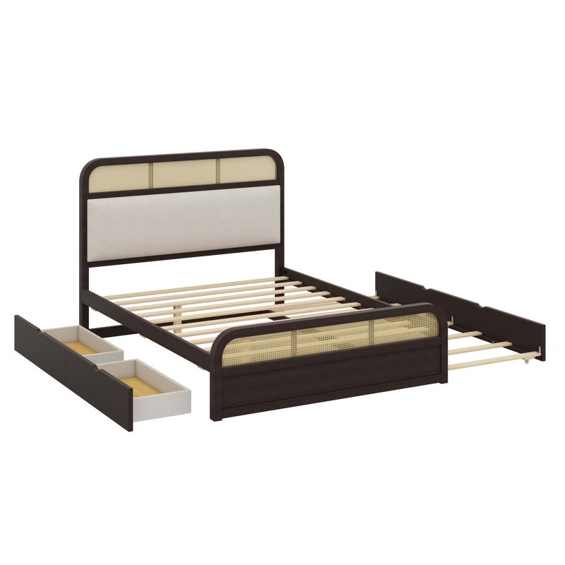 Grand lit plateforme en bois massif avec lit gigogne et tiroirs, Espresso