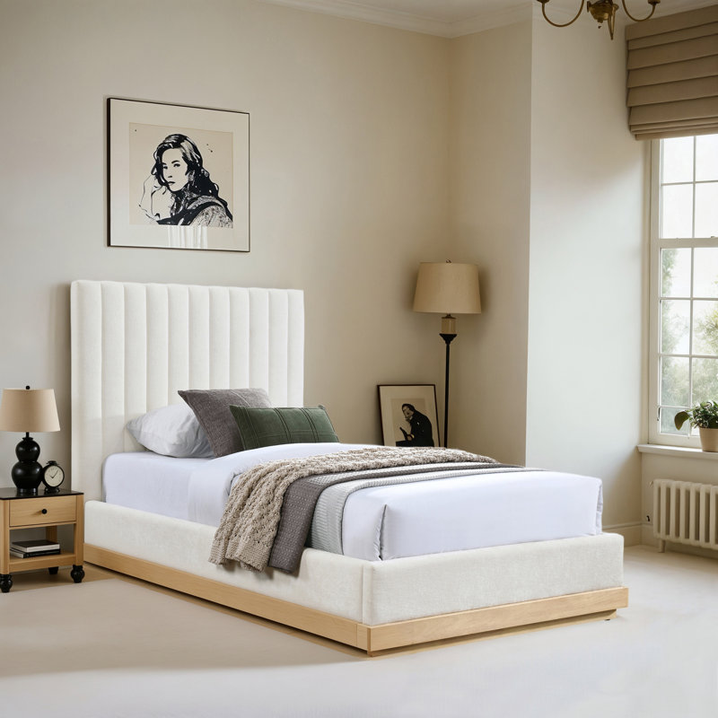 Emmet Chenille Fabric Bed, Twin, Cream Chenille Fabric / Natural Oak