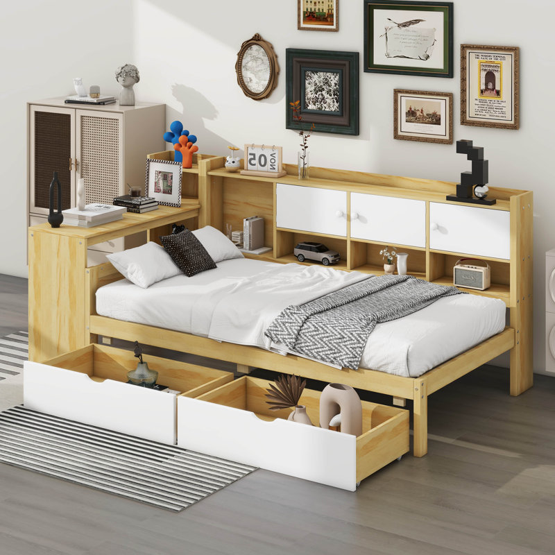 Lit de jour multifonctionnel en L en bois avec confort et rangement, Naturel / Blanc, Simple