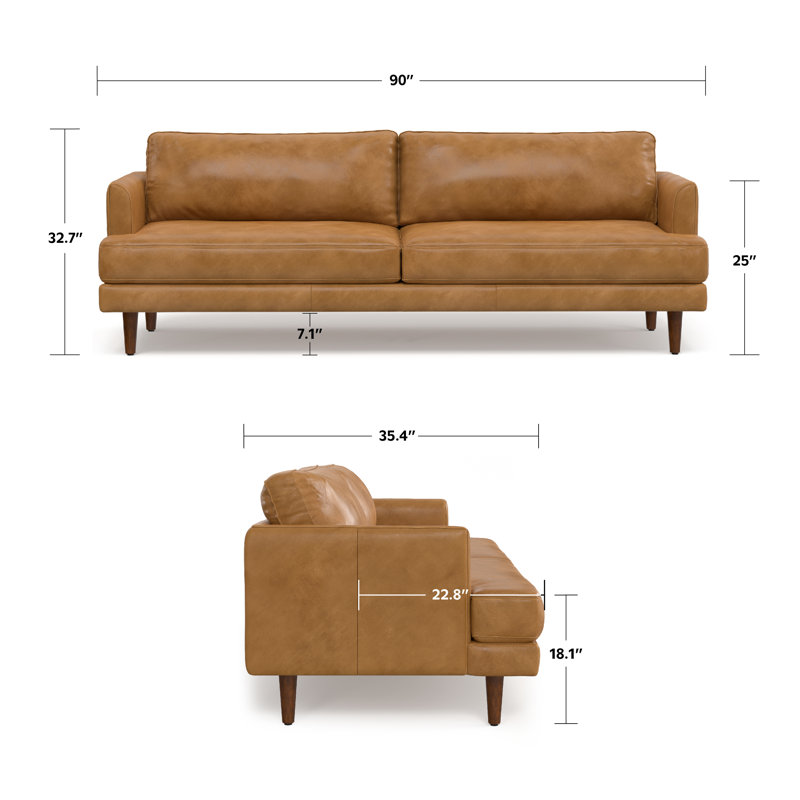 Livingston Sienna Leather 90-Inch Mid-Century Modern Sofa