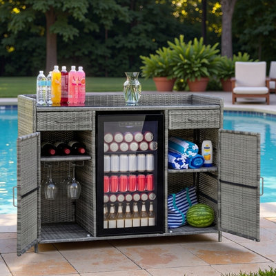 Outdoor Wicker Storage Cabinet With Tempered Glass Desktop, Fridge Space, 2 Glass Bottle Holders, 2 Large Drawers And Adjustable Shelves