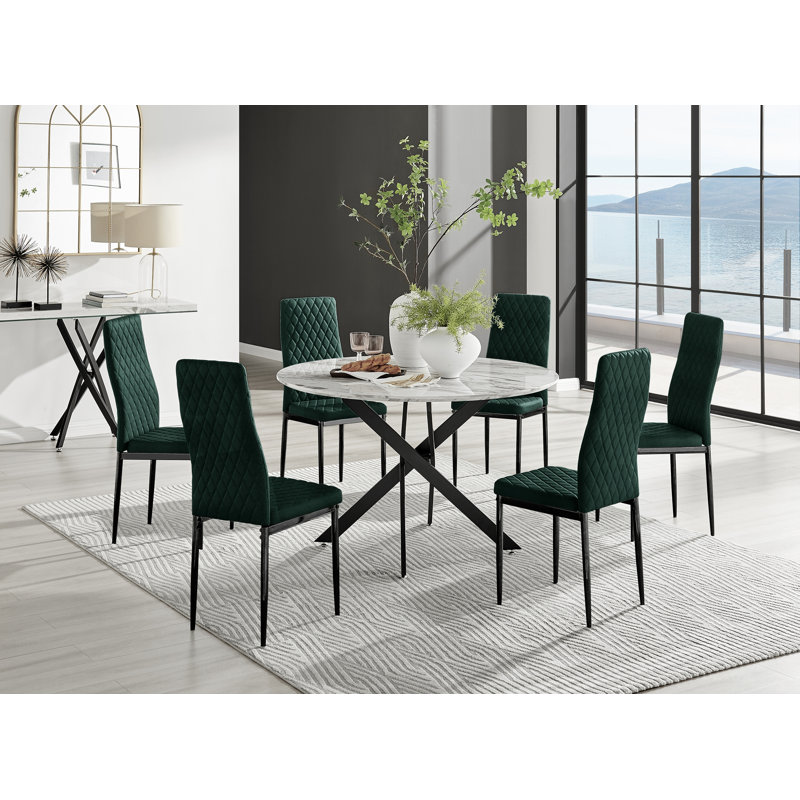 Tierra Modern Marble Effect and Metal 6 Seat Dining Table Set - Luxury Velvet Dining Chairs, Black, Black