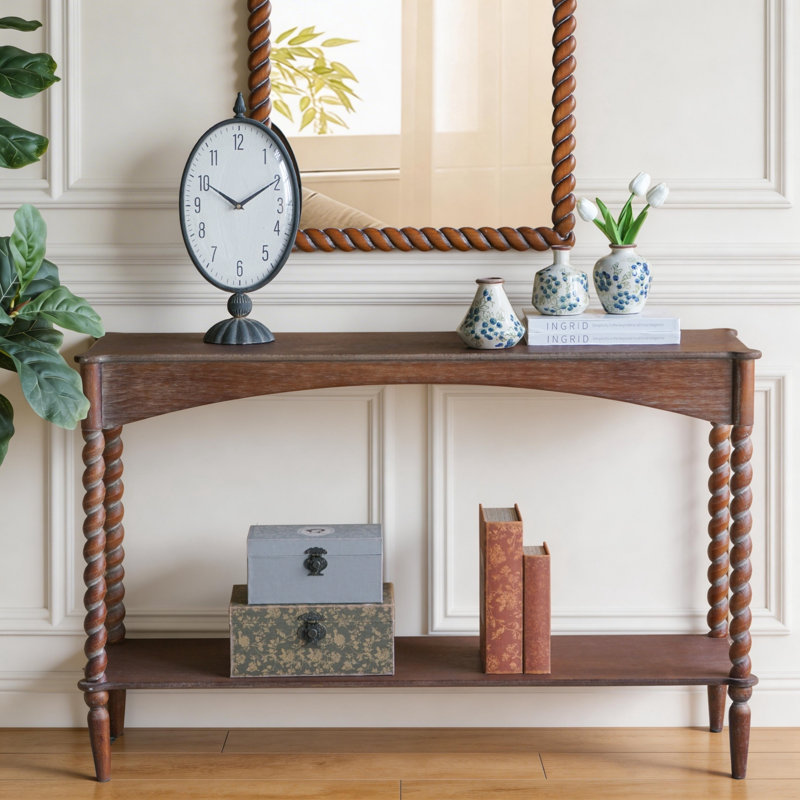 47X14x30" Brown Wood Console Table With Turned Spiral Legs And Lower Shelf
