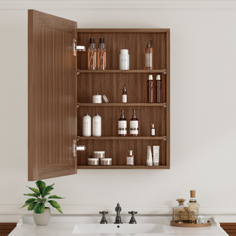 20'' W x 28'' H  Wood Framed Bathroom Medicine Cabinet with Mirror, Adjustable Shelves, Reversible Door, Wall-Mount or Recessed, Walnut, Fully Assembled
