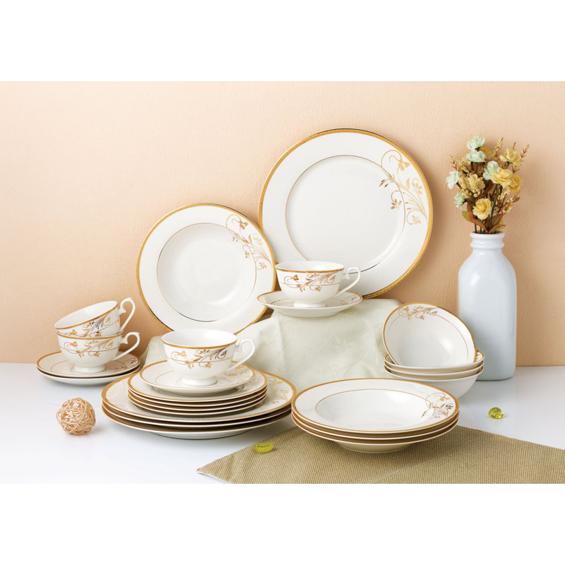 Rosalia Gold Floral Embossed Bone China Dinnerware Set, Service for 4