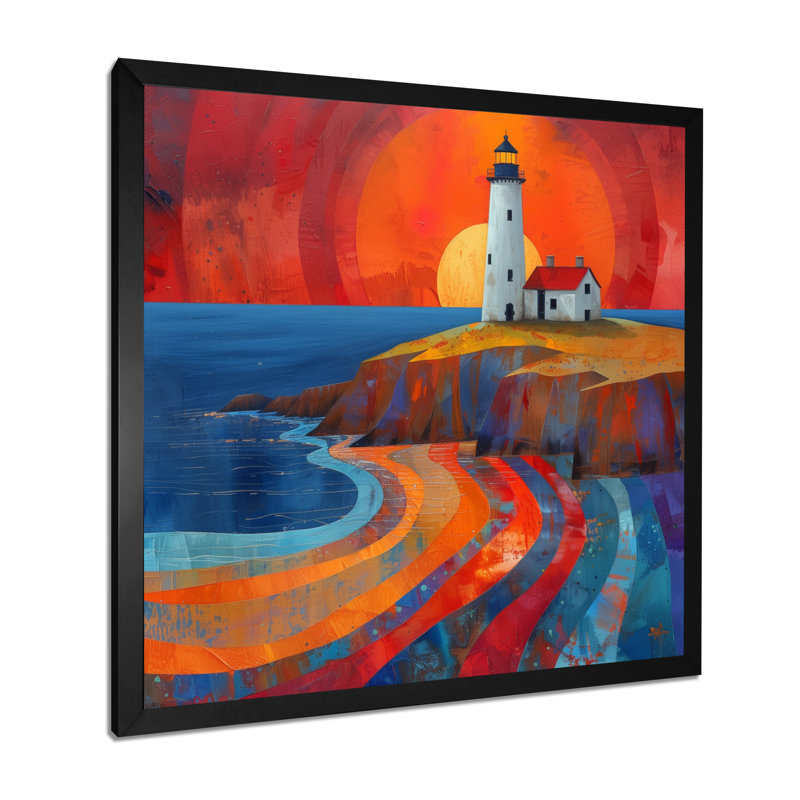 Reproduction d'art mural orange, phare côtier bleu, coucher de soleil I, Cadre simple noir, H 16 po x l 16 po x P 1 po