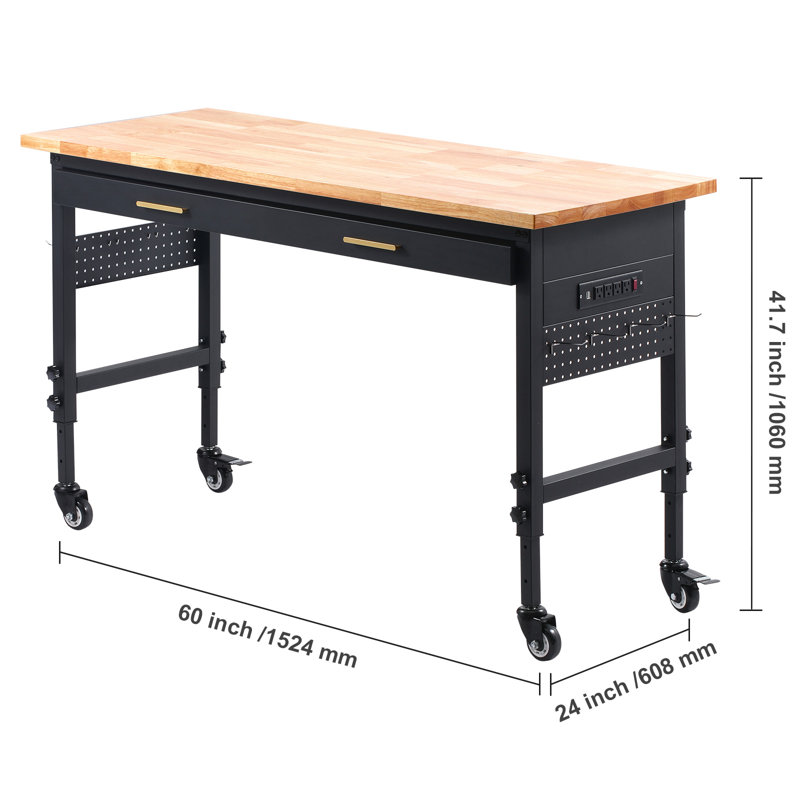 Adjustable Height Wood Workbench with Metal Frame and Power Outlets