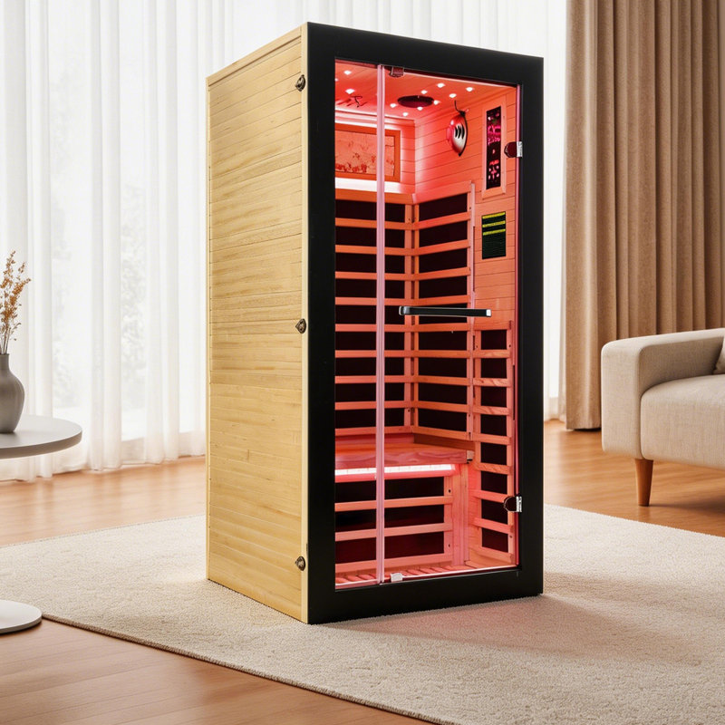 35.4" W x 35.4" D x 70.9" H Wood Single Person Far Infrared Sauna Room with 7 Heating Plates, LED Lights, Bluetooth Speakers, 1350W