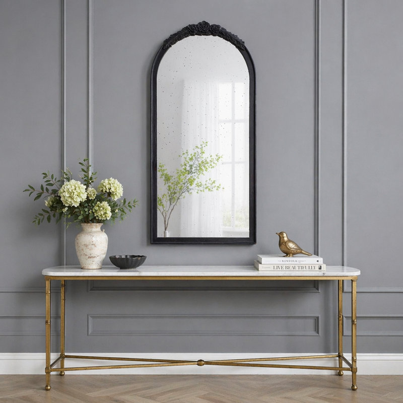 Cadre de miroir antique rose sculpté à la main, 23 po x 42 po, Noir