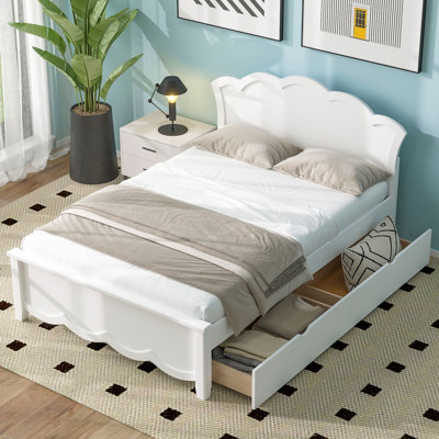 Twin Size Wood Platform Bed with Headboard and Two Storage Drawers, White Finish