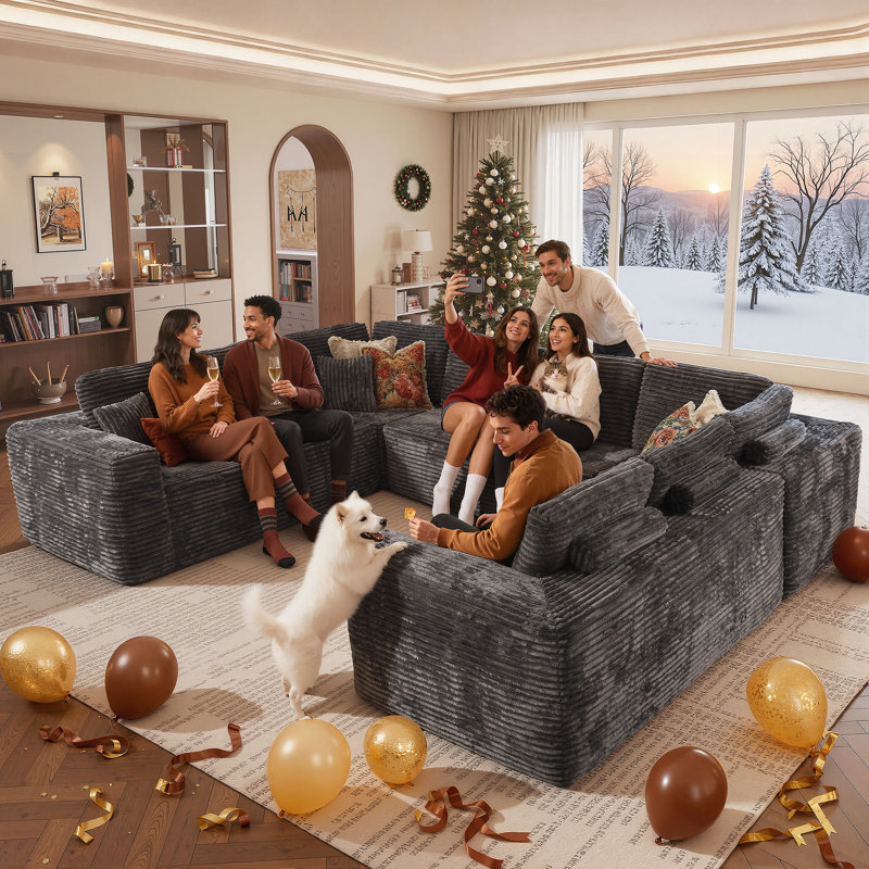 Koyu Cloudelle Compression Packed 5-Piece Boneless U-Shaped Plush Corduroy Sectional Sofa – Deep Seat, No Assembly