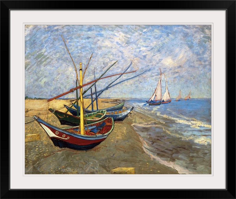 «Bateaux de pêche sur la plage à Saintes-Maries-De-La-Mer» par Vincent Van Gogh, reproduction d'art, Cadre noir