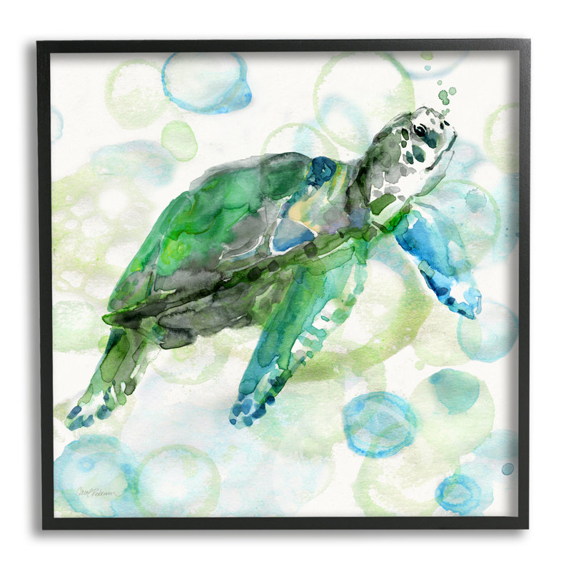 «Aquatic Sea Turtle Water Bubbles» par Carol Robinson - peinture à cadre flottant sur toile, H 24 po x l 24 po x P 1,5 po