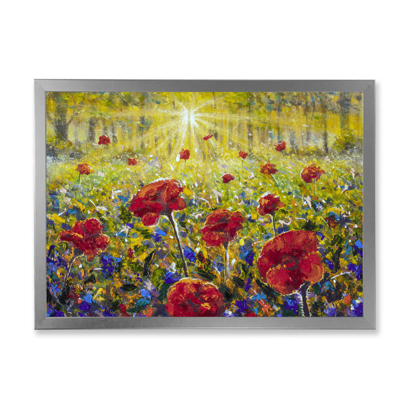 «Flowers Red Poppies Field», reproduction sur toile flottante, Cadre photo argenté, H 24 po x l 36 po x P 1 po