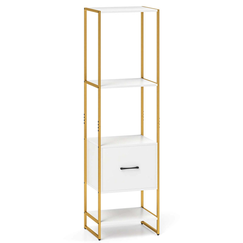 4-Tier Bookshelf with 4 Open Shelves Storage Drawer Modern Book Storage Organizer, White