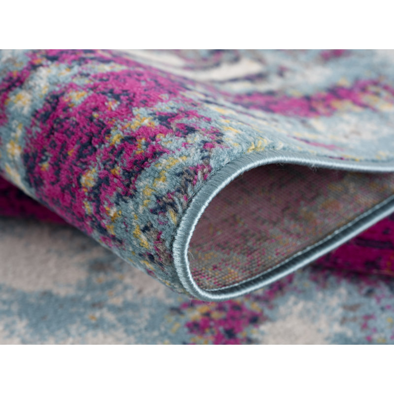 Tapis de couloir abstrait gris ivoire et magenta Comfort, Rectangulaire 8 pi x 11 pi