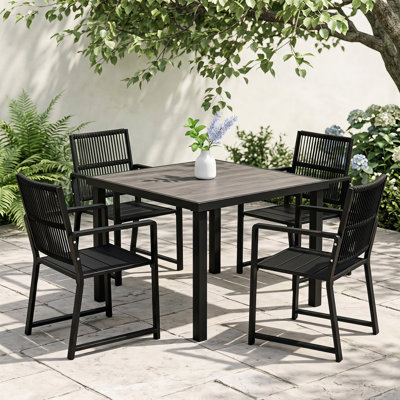 Ensemble de salle à manger 5 pièces pour patio, table en acier de 3 pi avec plateau en similicuir et 4 chaises en Hdpe avec dossier tissé, résistant aux intempéries, noir
