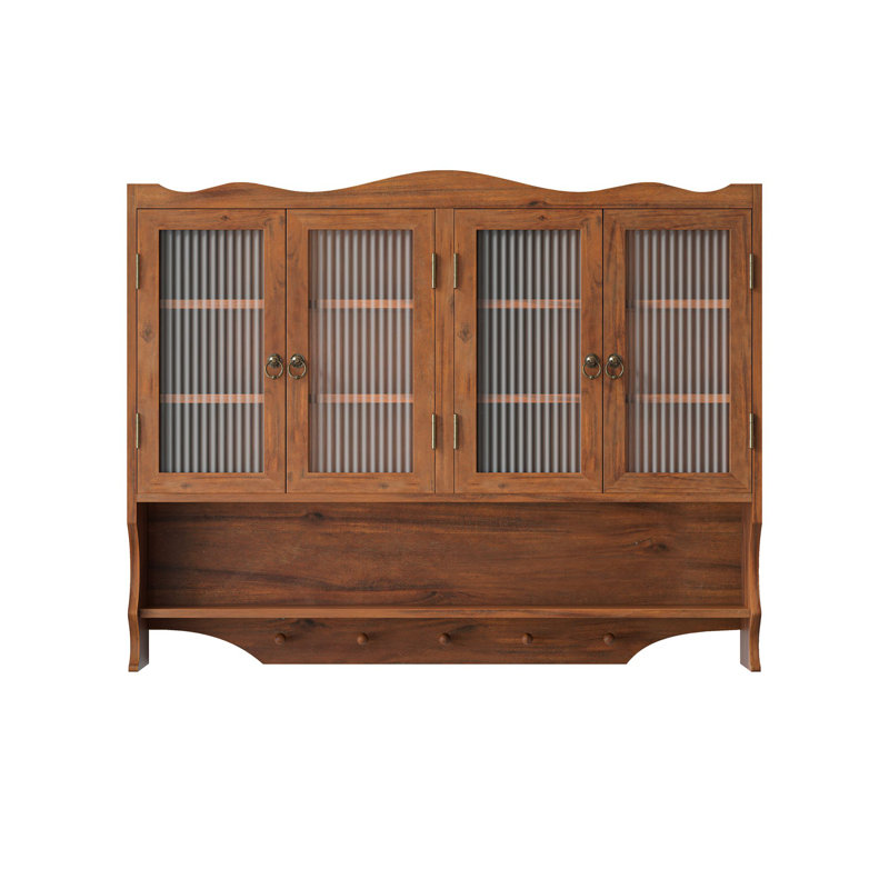 Armoire murale 39,37 po à 4 portes rétro, avec deux niveaux de rangement et un support à crochets ouverts, convient aux salles de bain, cuisines, salles à manger, brun