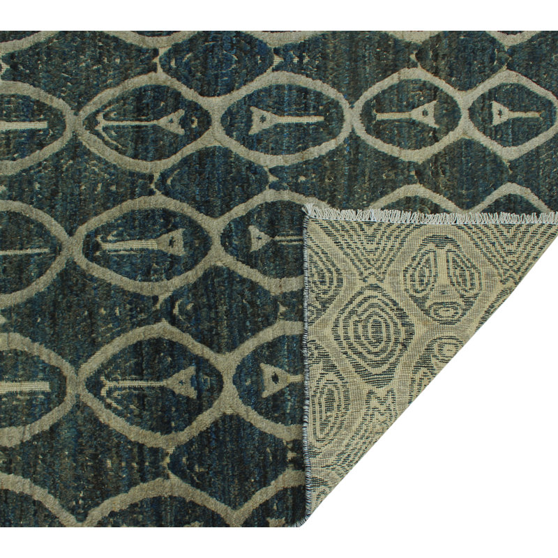 Tapis vert / gris en laine fabriqué à la main de conception unique 8 pi x 9 pi 5 po Retia