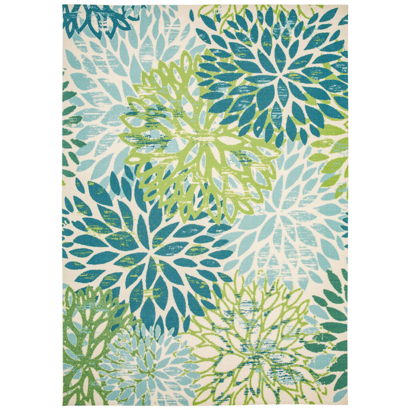 Sunshine Modern Plant Design Performance Outdoor Rug Green/Blue/Ivory, Rectangle 5' x 7'