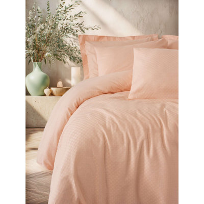 Ensemble de housse de courtepointe 100% coton de qualité supérieure Ranforce, couleur saumon | Comprend une housse de couette (78,7 x 86,6 po), un drap plat (94,5 x 102,4 po), 2 taies d'oreiller (19,7 x 27,6 po) | Lavable à la machine, impression réactive, fermeture à boutons