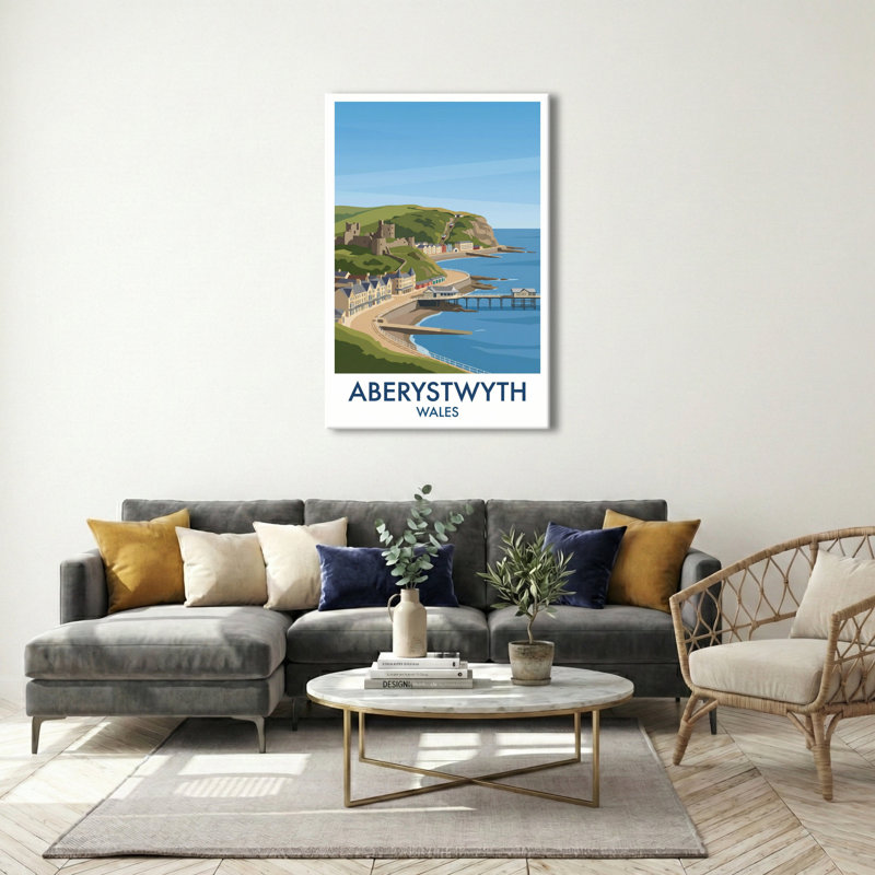 Aberystwyth, Wales - Coastal Romance Travel Poster: Castle, Pier And Cardigan Bay. Giclee Print On Wrapped Canvas. Wall Art, Home Decor - Cities & Towns, Wales - Wrapped Canvas Print