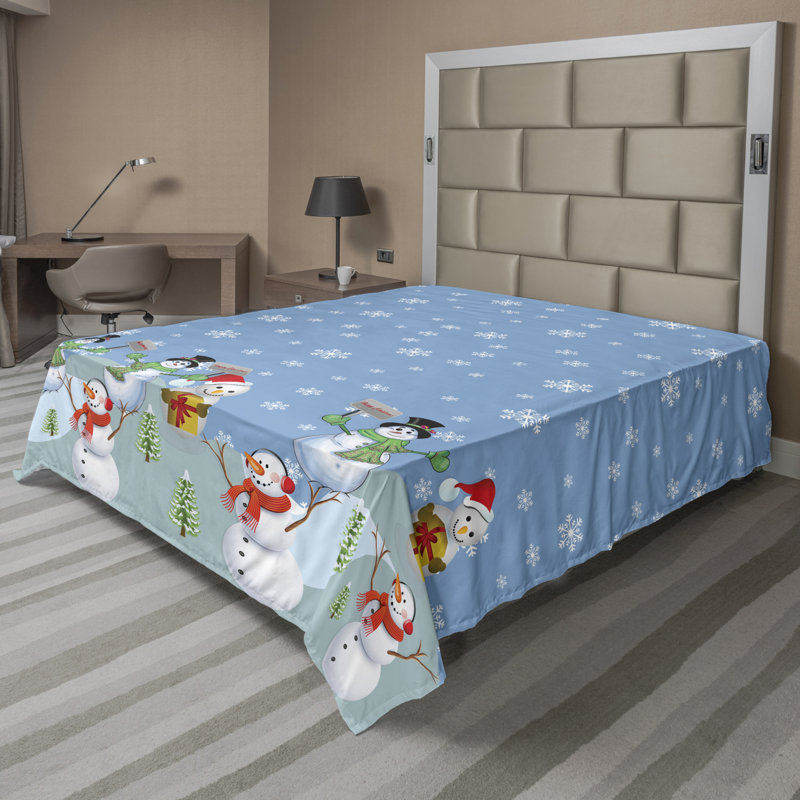 Queen Size Multicolor Snowman Print Microfiber Flat Sheet