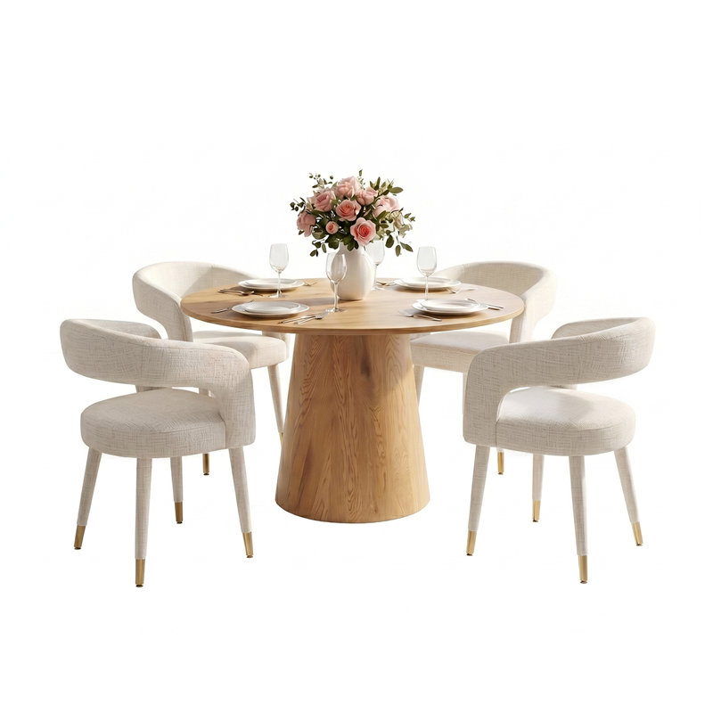 46" Round Dining Table Set For 4 With Upholstered Arm Chairs, Beige