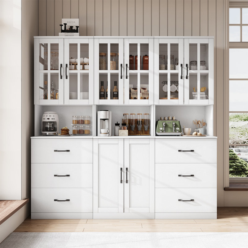 Garde-manger 71 po x l 71 po avec bibliothèques, rehausse de porte en verre avec tiroir et comptoirs spacieux (BAB), Blanc