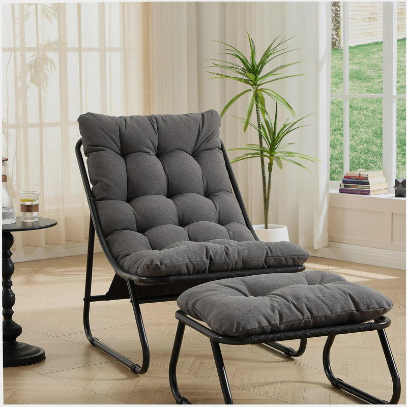 Patio Outdoor Lounge Chair with Ottoman, Comfy Sling Recliner Chair with Puffy Cushion and Foot Stool, Ideal for Living Room, Bedroom, Reading Room, Black frame with grey cushion