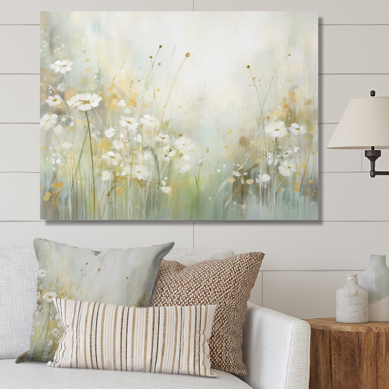 «Green Beige Serene Meadows II - Abstract Botanicals», art mural, Toile tendue, H 16 po x l 32 po x P 1 po