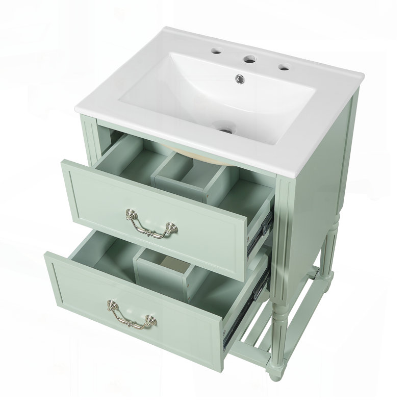 Meuble-lavabo de 24 po avec lavabo en céramique, design rétro élégant en forme de vague, deux tiroirs à fermeture en douceur et tablette ouverte