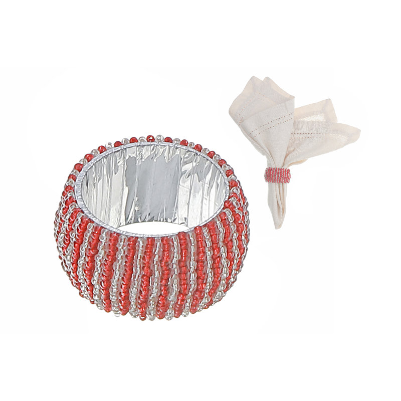 Red and Silver Beaded Glass Napkin Rings Set of 4
